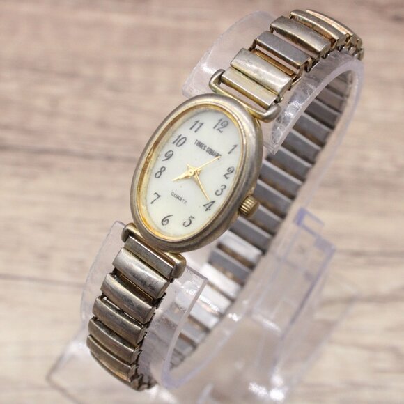 Vintage Times Square Watch Womens Silver Tone Quartz Oval White Dial 90s Rare - Picture 1 of 8